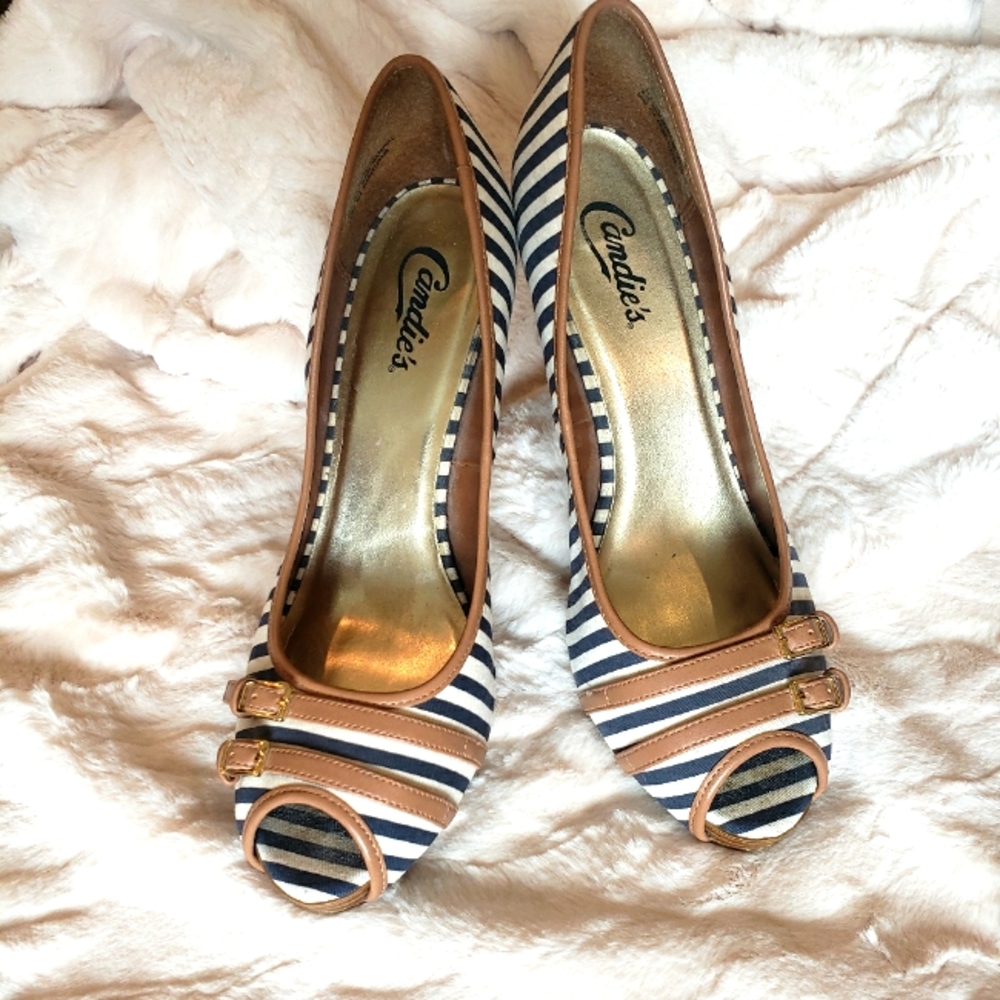 Candies Navy and White striped heels